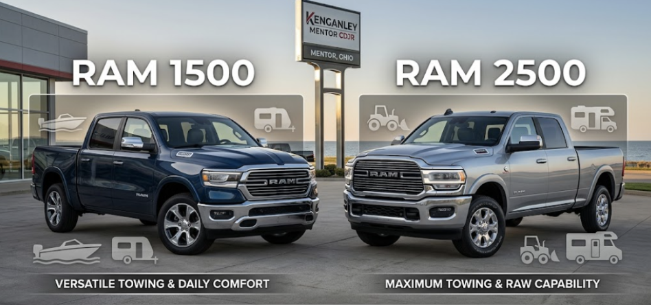 Side-by-side comparison of a RAM 1500 and RAM 2500 pickup truck with towing and capability labels.