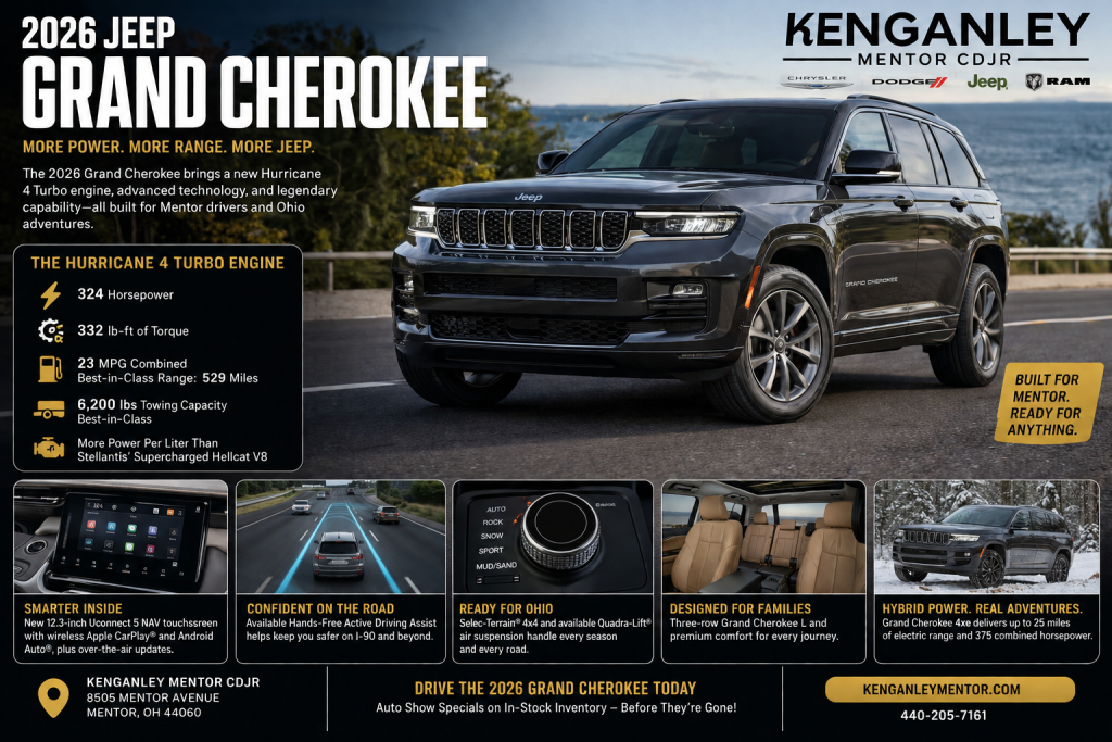 2026 Jeep Grand Cherokee with Hurricane 4 Turbo engine parked on a scenic Ohio road, highlighting performance, towing capability, and advanced technology at Ken Ganley Mentor CDJR.