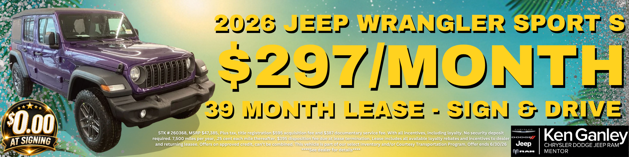 2026 Jeep WRANGLER 4-DOOR SPORT S Stock #: 260368 $297/month
