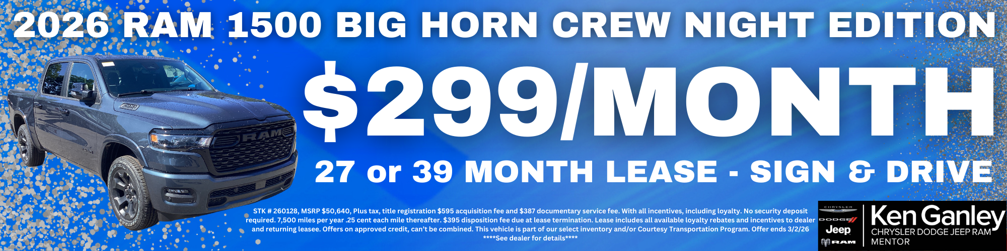 2026 RAM 1500 BIG HORN CREW NIGHT EDITION $299/MONTH