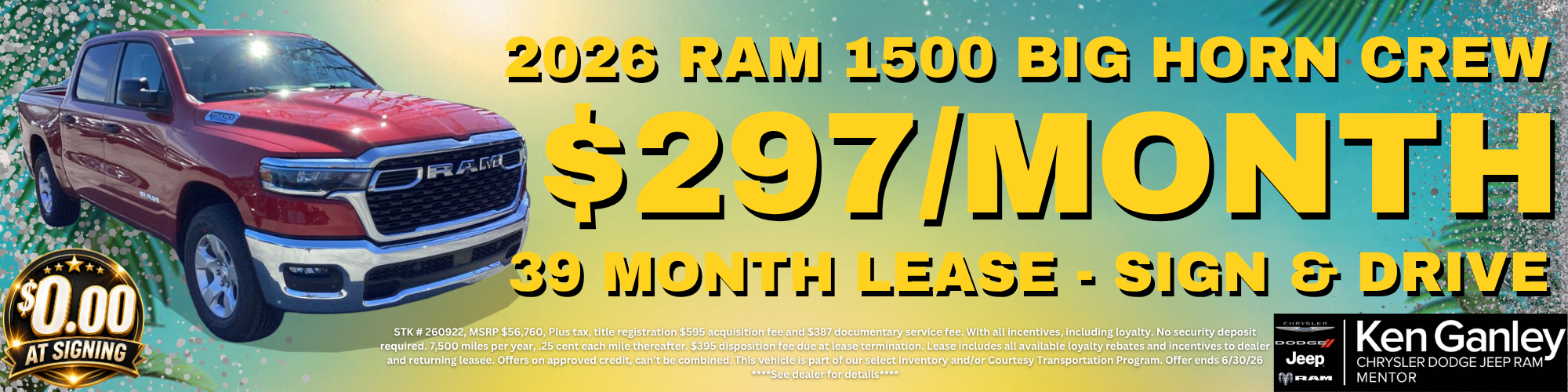 2026 RAM 1500 BIG HORN CREW CAB Stock: 260922 $297/month 39 