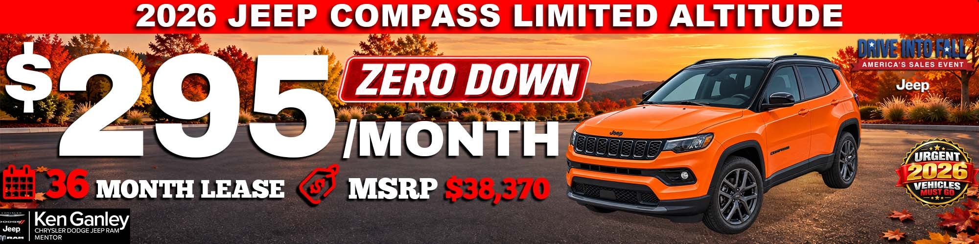 2026 Jeep COMPASS LIMITED ALTITUDE $295/month – 36 month lea