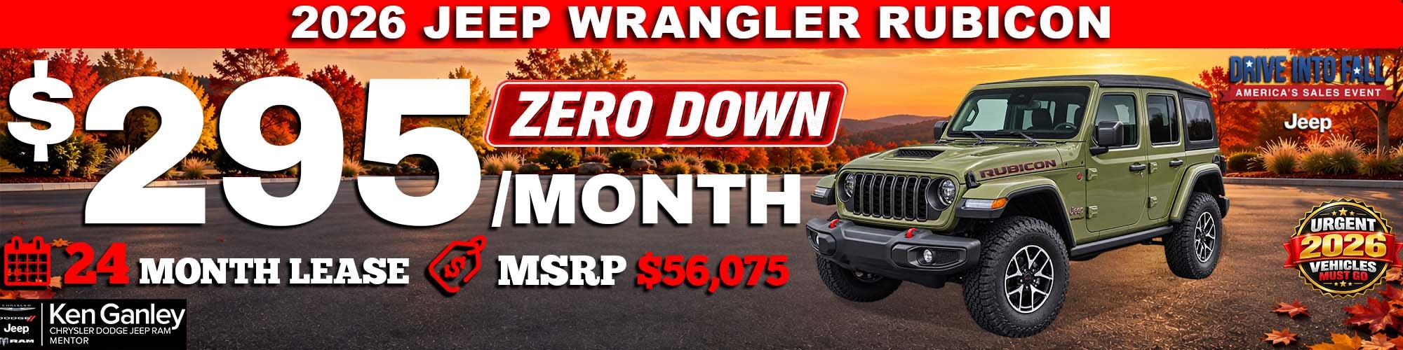 2026 Jeep WRANGLER RUBICON $295/month – 24 month lease
