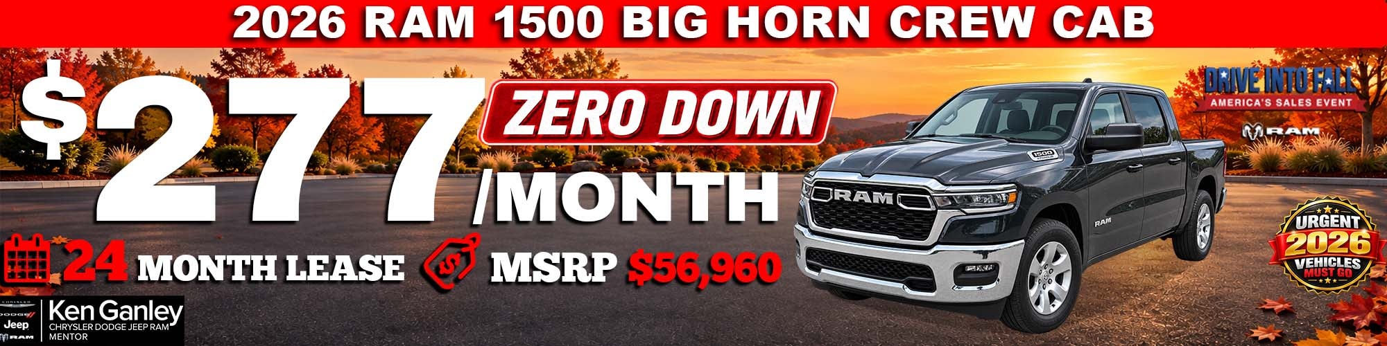 2026 RAM 1500 BIG HORN CREW CAB $277/month – 24 month lease