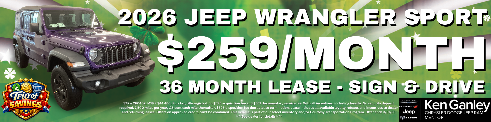 2026 Jeep Wrangler Sport $259/month (36 months)